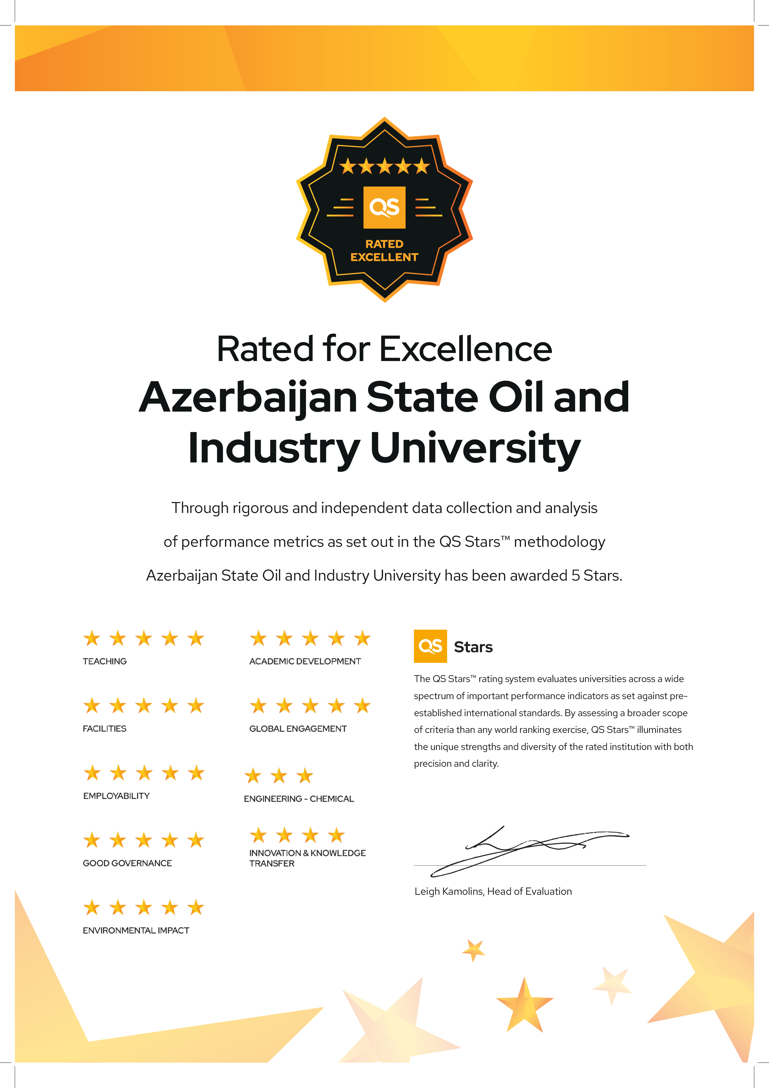 ADNSU “QS Stars”da 5 ulduzla qiymətləndirilib