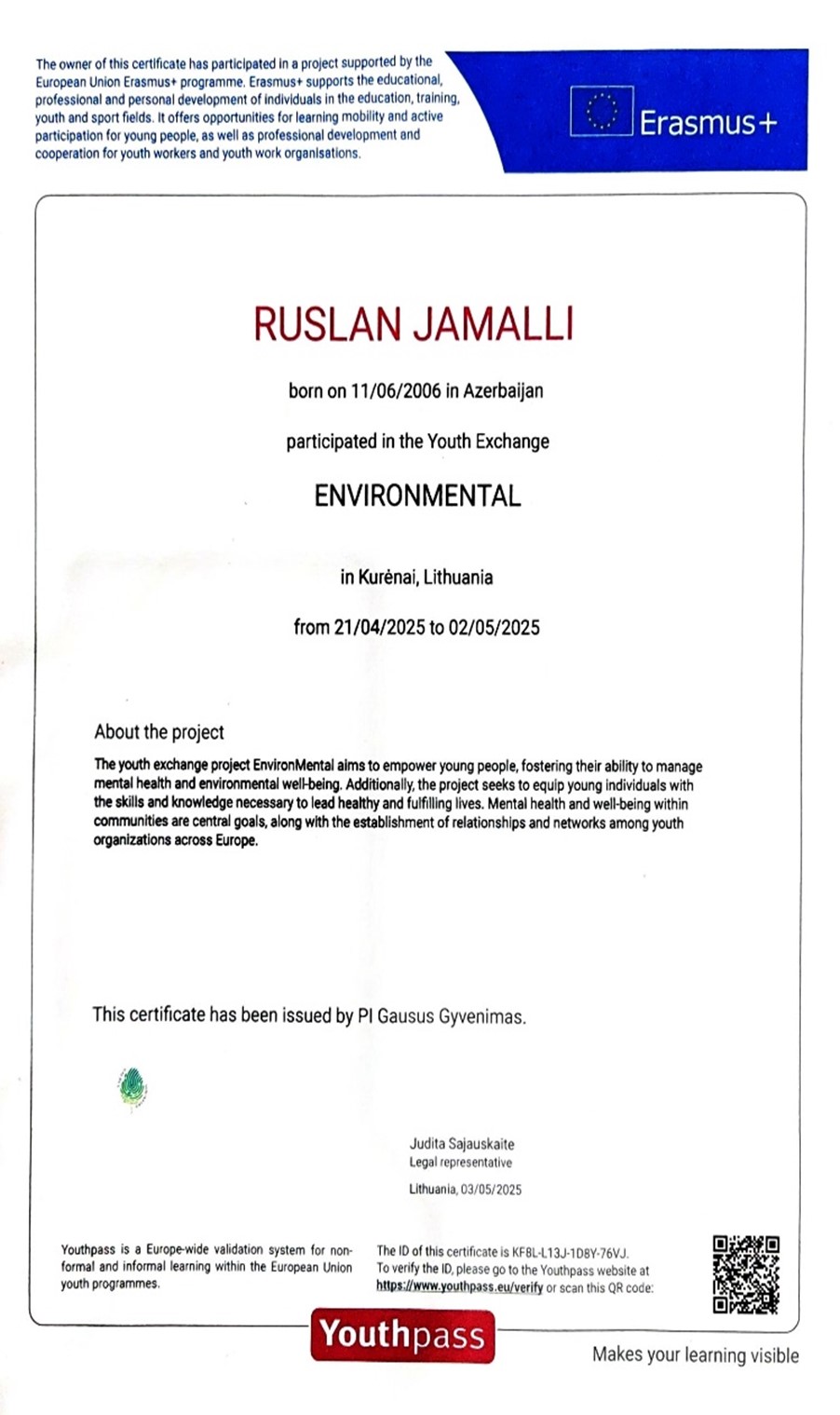 ADNSU tələbəsi beynəlxalq layihədə uğur qazanıb