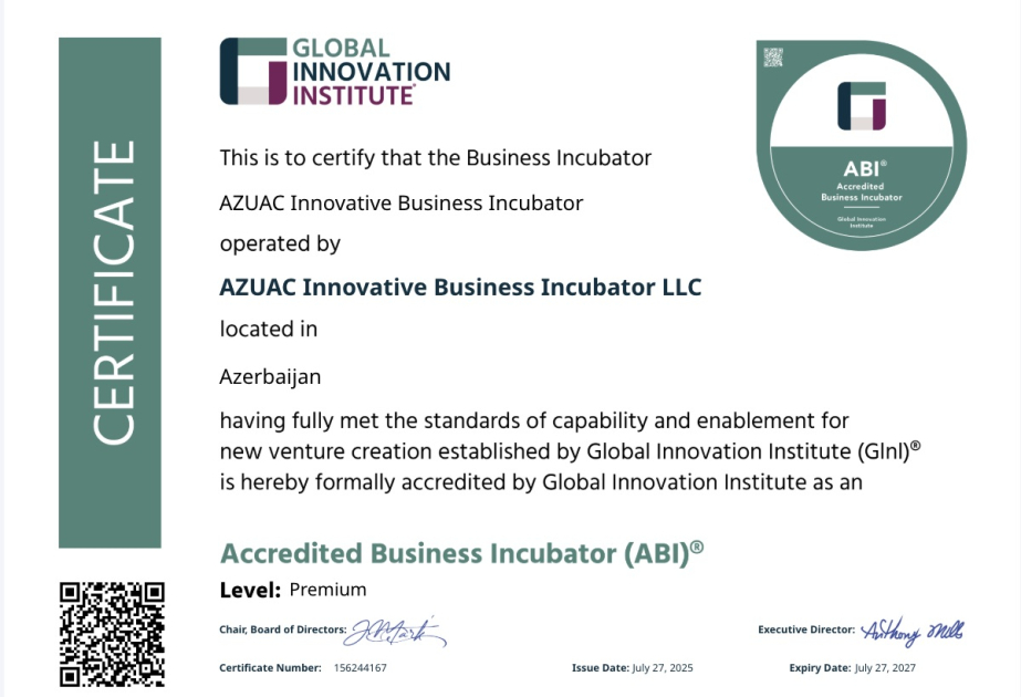 AzMİU-nun biznes inkubatoru beynəlxalq sertifikatla təltif edilib