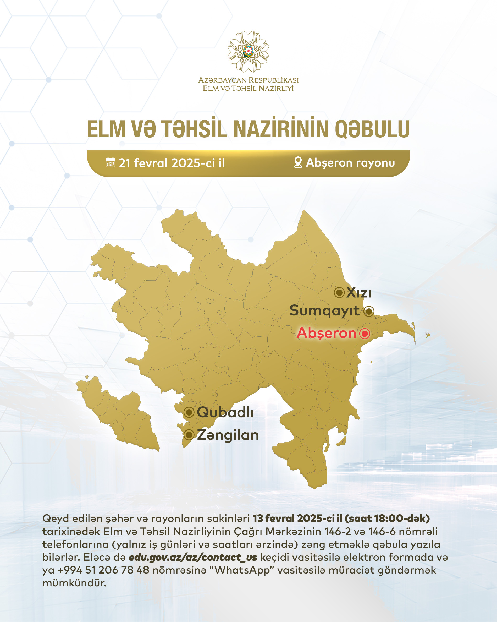 Elm və təhsil naziri Abşeronda vətəndaşları qəbul edəcək