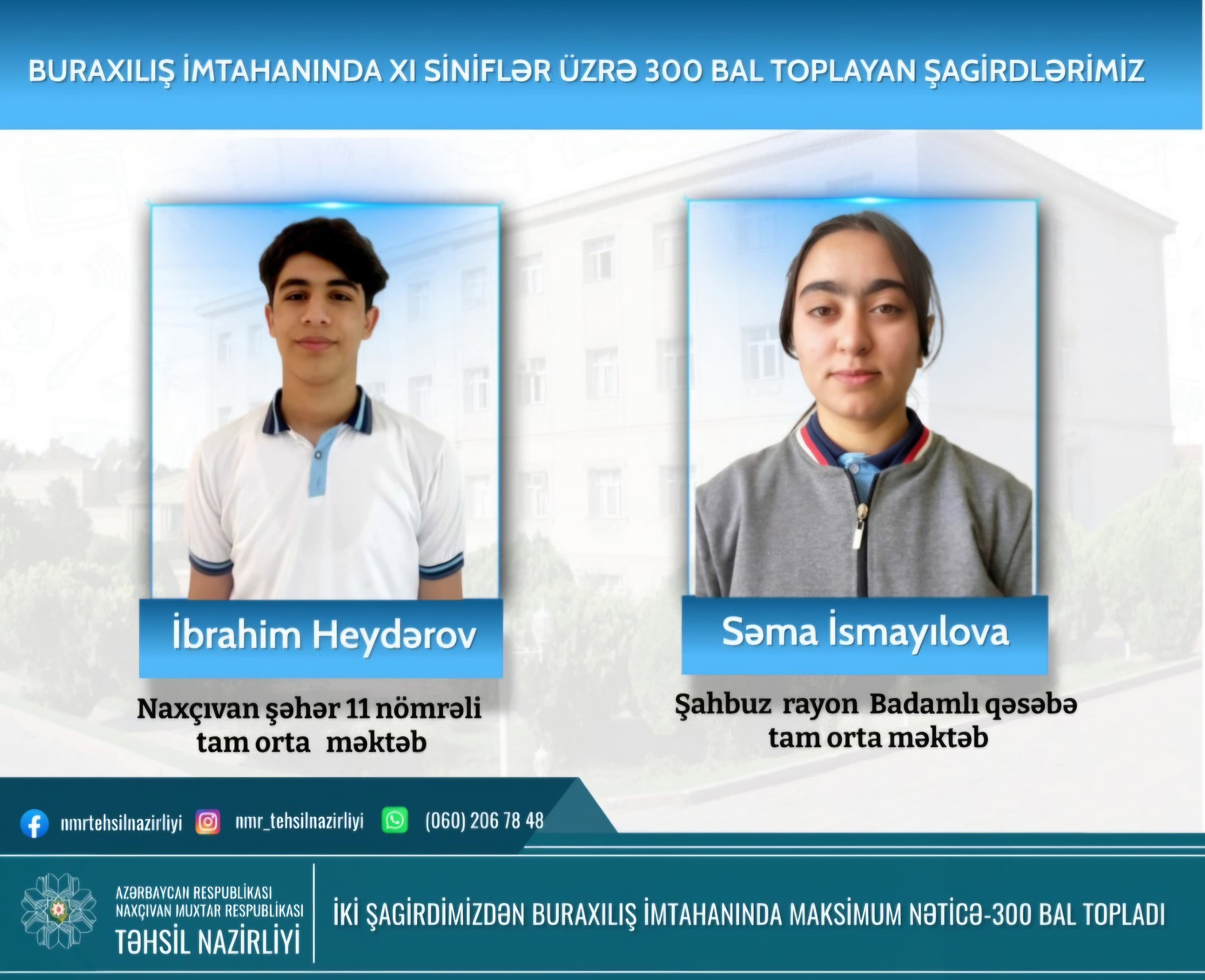 Naxçıvanın 2 şagirdi buraxılış imtahanında 300 bal topladı 