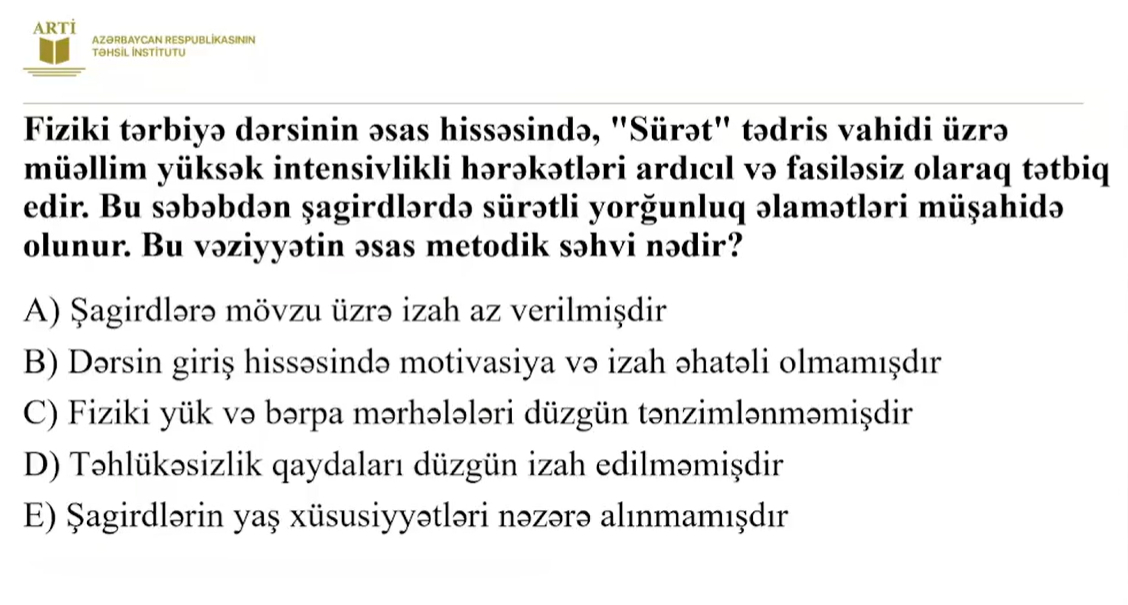 Fiziki tərbiyə üzrə sertifikatlaşdırma imtahanında bu suallar düşəcək