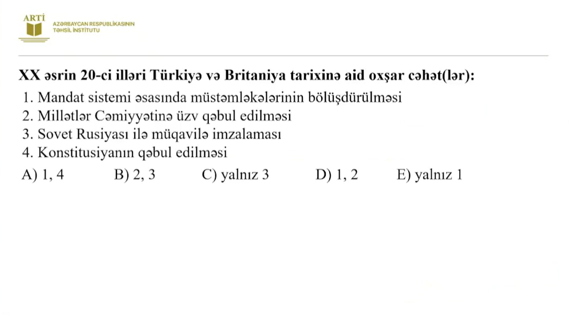 Sertifikasiyaya hazırlaşan tarix müəllimləri üçün yeni test nümunələri
