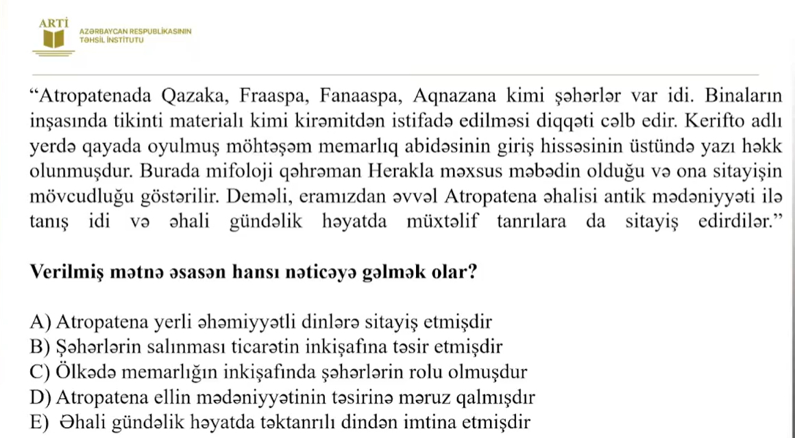 Sertifikasiyaya hazırlaşan tarix müəllimləri üçün yeni test nümunələri