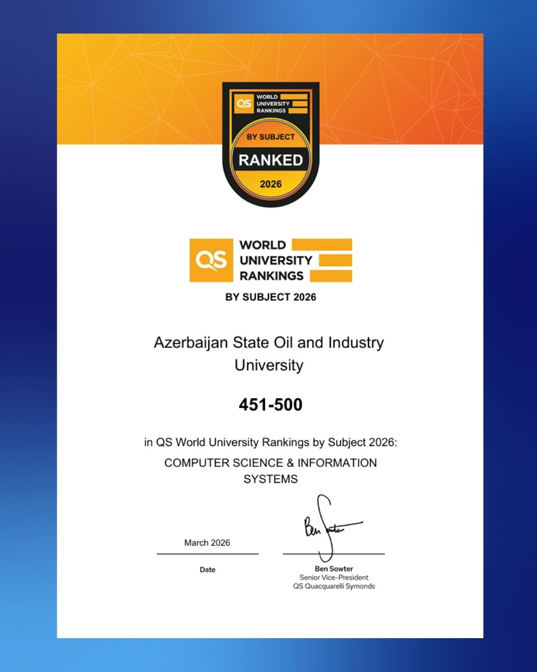 ADNSU QS reytinq cədvəlində iki fənn üzrə yüksək pillədə qərarlaşıb