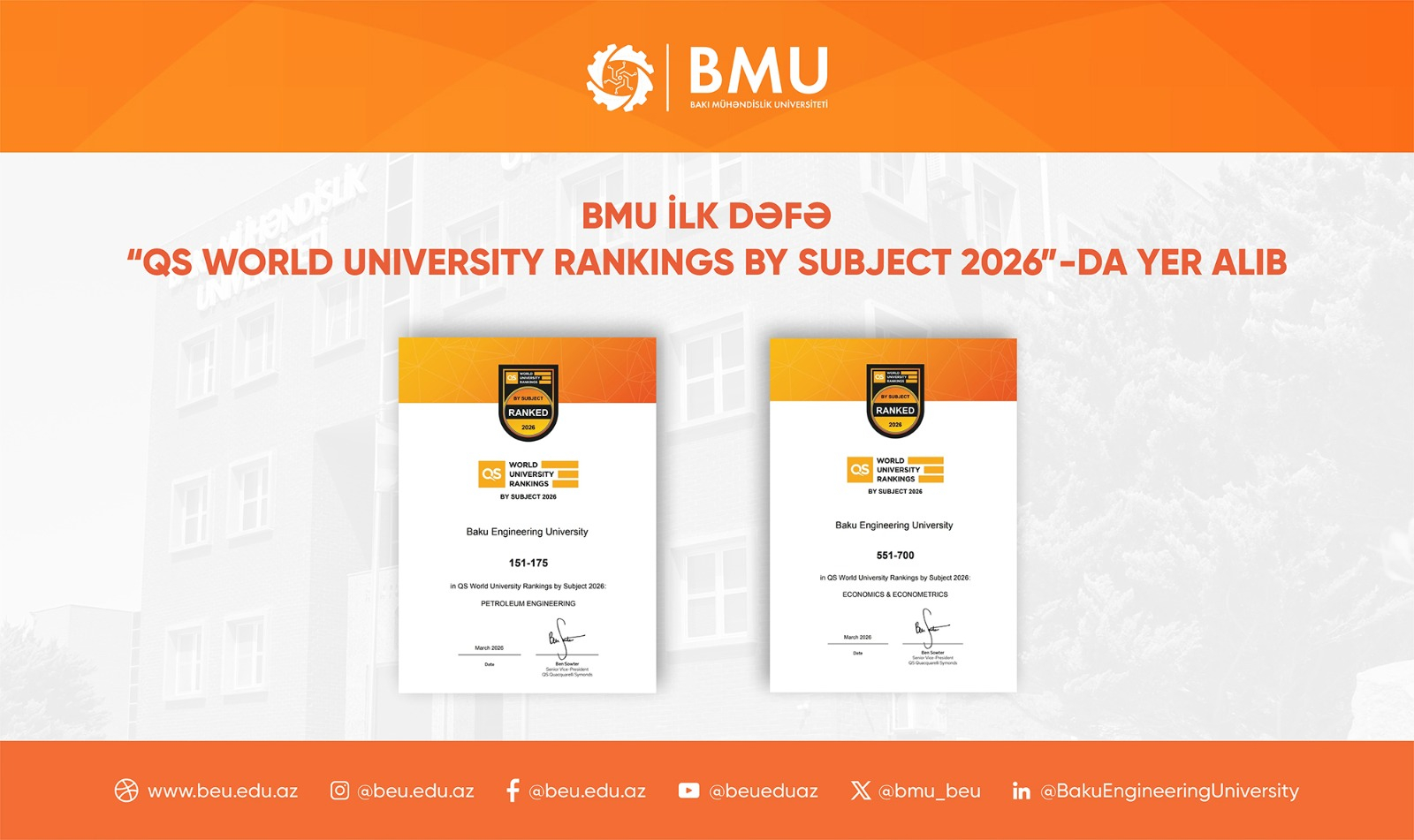BMU ilk dəfə QS 2026-da yer alıb