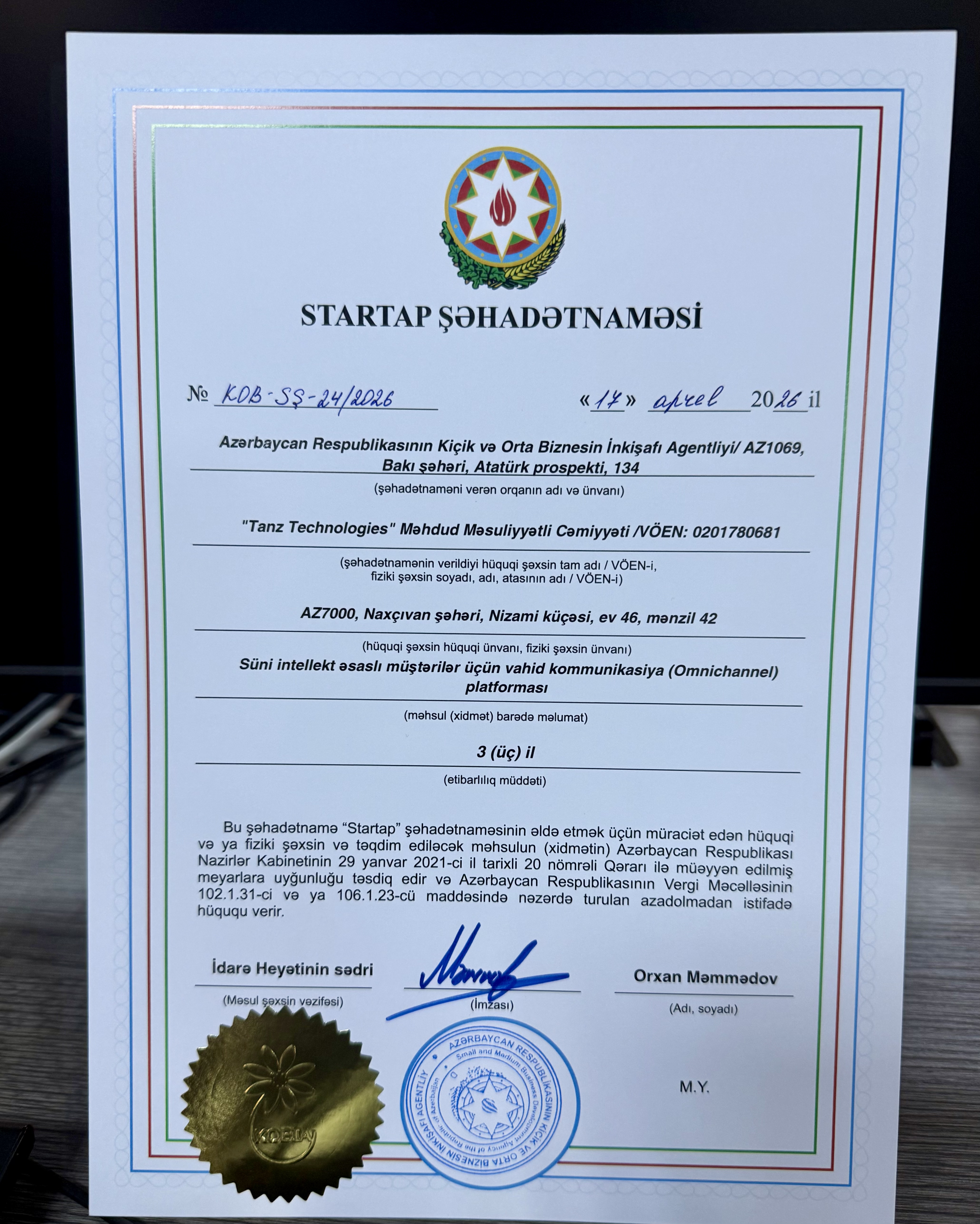 AzTU tələbələri startaplarına görə “Startap” şəhadətnaməsi aldılar