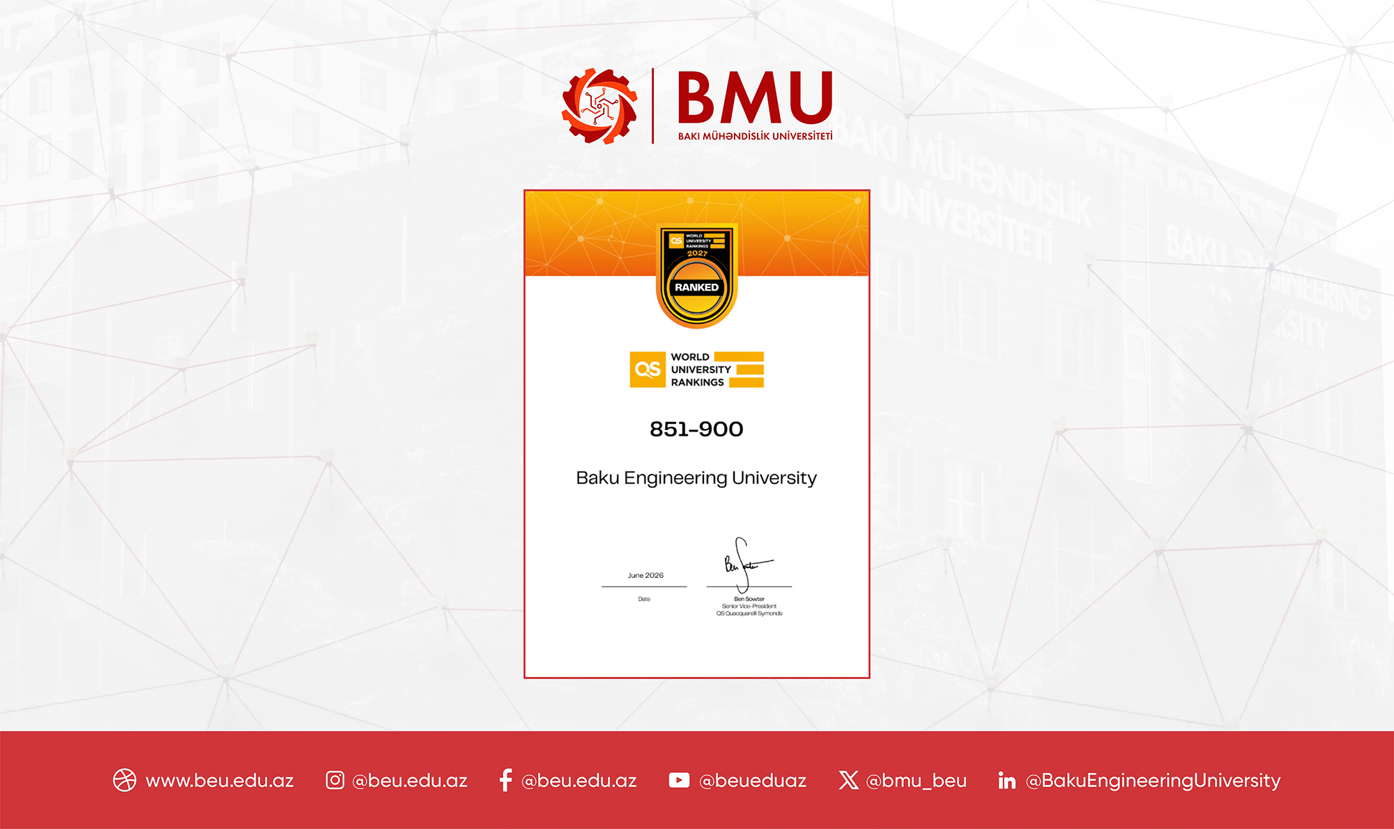 BMU son iki ildə reytinq siyahısında 580 pillə irəliləyib