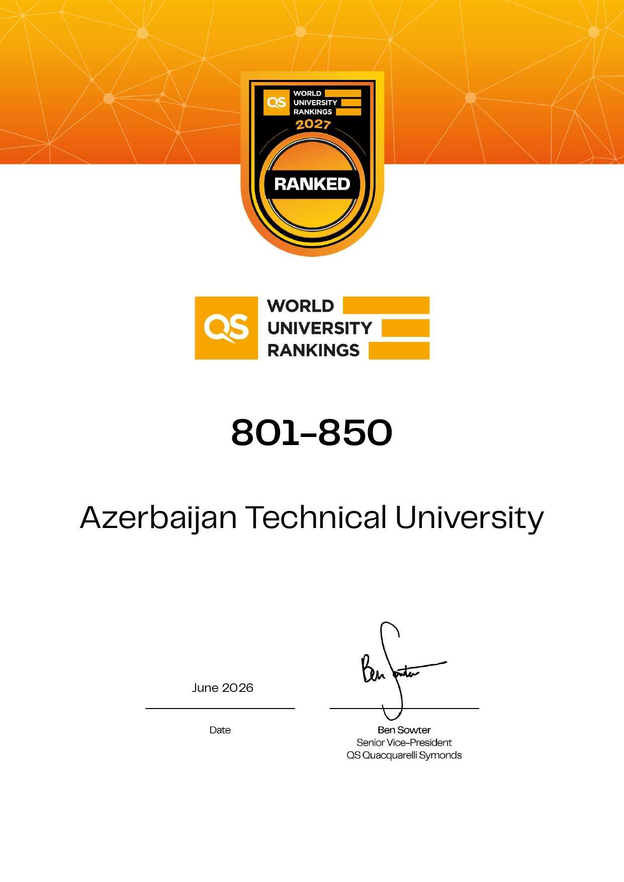 AzTU “QS dünya universitetləri reytinqi”ndə 801–850-ci yerdə qərarlaşıb