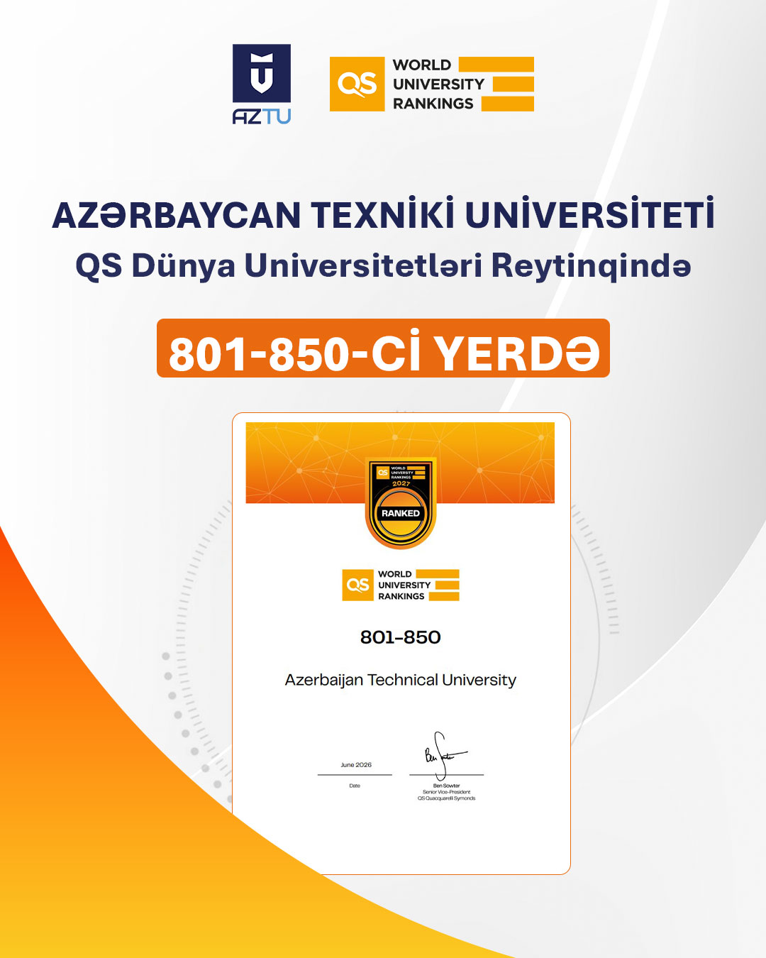AzTU “QS dünya universitetləri reytinqi”ndə 801–850-ci yerdə qərarlaşıb
